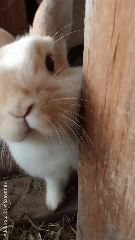 Close-up of curious beige and white rabbit looking toward camera indoors, whiskers and pointy ears, animal portrait, friendly pet peering out