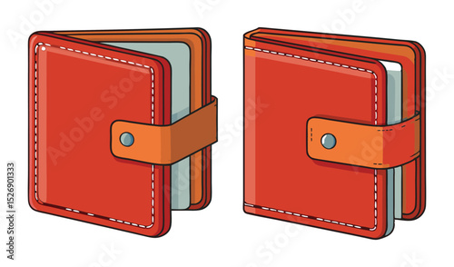 Photo of two views of a rich red leather wallet, closed and open, isolated on white background