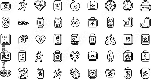 Collection of line style icons illustrating fitness activities and health tracking devices