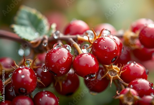 Close-up shot of glossy berries with morning dew, highlighting texture and fine detail