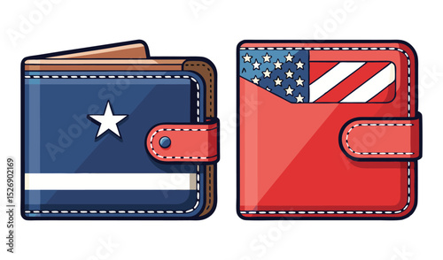 Photo of two stylish wallets, one navy blue with a star and the other red with an american flag, isolated on white background