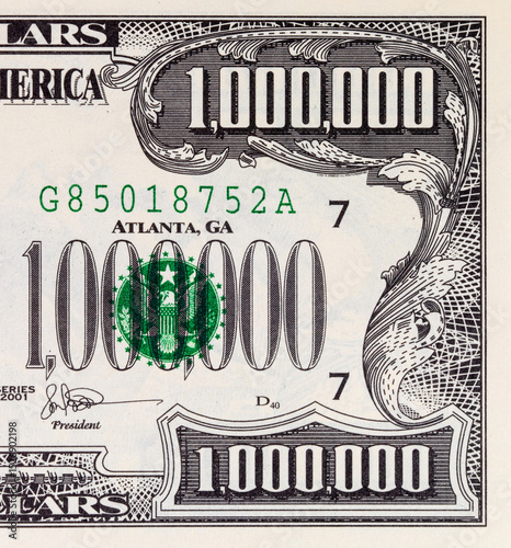 Souvenir banknote 1000000 dollars of the United States of America with the image of the Statue of Liberty. One million dollars. USA money