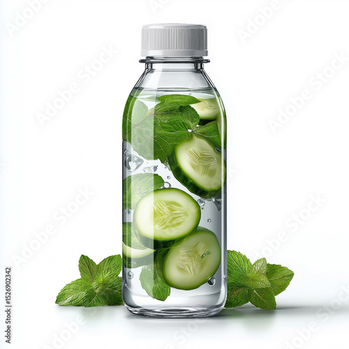 Refreshing cucumber and mint infused water in clear bottle photo
