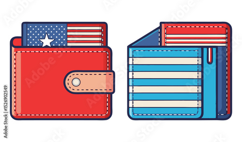 Photo of a patriotic red wallet and a striped blue wallet, isolated on white background