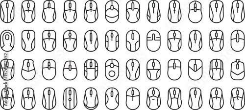 Collection of minimalist computer mouse designs in clean outline black and white style