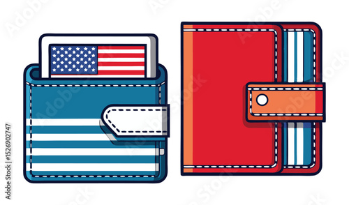 Photo of a vibrant blue wallet with an american flag peeking out, beside a classic red wallet, isolated on white background