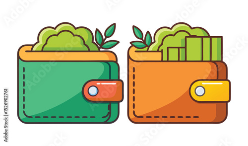 Photo of two vibrant wallets, one green and one orange, overflowing with lush greenery and stacks of cash, isolated on white background