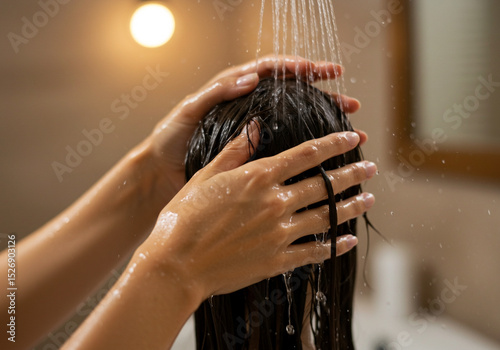 Woman Rinsing Dark Hair Under Shower Water Flow Gently Cleansing Scalp and Locks