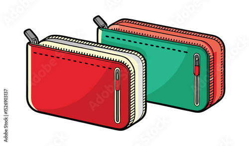 Photo of two vibrant zippered pouches, one red and one teal, rest side by side, isolated on white background