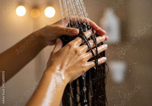 Woman washing her long dark hair in shower rinsing conditioner or shampoo close up view