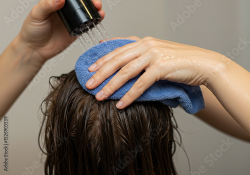 Rinsing Wet Brown Hair with a Shower Head and Towel