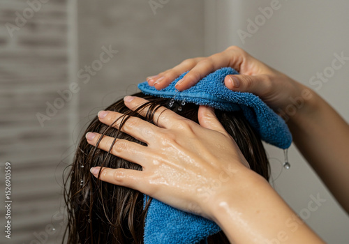 Woman drying her wet brown hair with a blue towel after a shower a close up view of hands and hair.