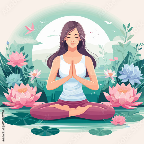 Serene woman practicing yoga amidst lotus flowers in a tranquil setting