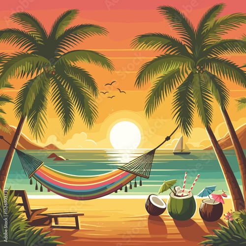 Tropical beach sunset with a hammock, palm trees, and drinks