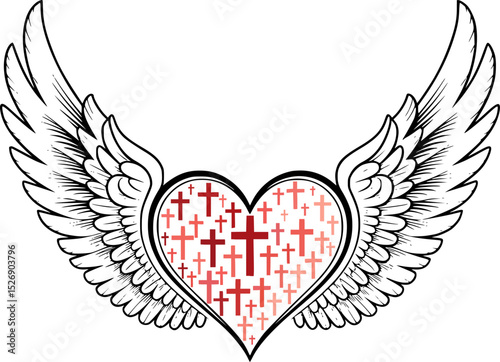 John 3:16 Christian Winged Heart Crosses – Faith and Love Symbol Vector Art with Angel Wings and Red Crosses – Religious Inspirational Bible Verse Illustration for Salvation and Eternal Life