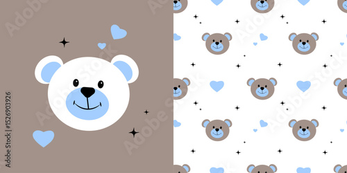 Seamless Baby Pattern with Cute Bears on White Background