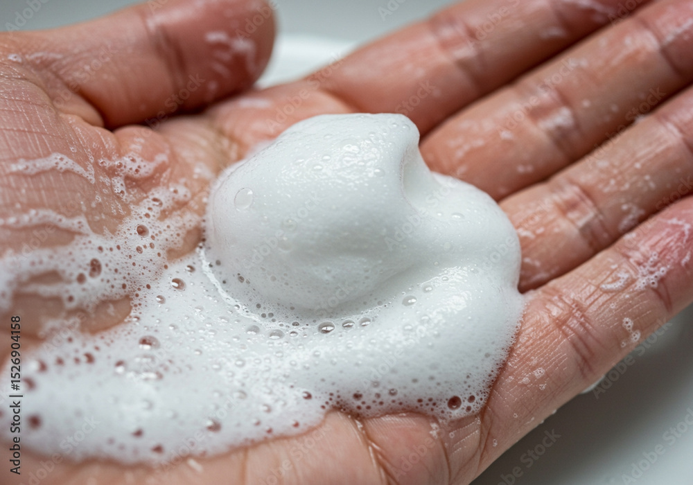 Fototapeta premium Closeup of Creamy Cleansing Foam in Hand Gentle Skincare Texture Rich Lather Luxurious Bubbles