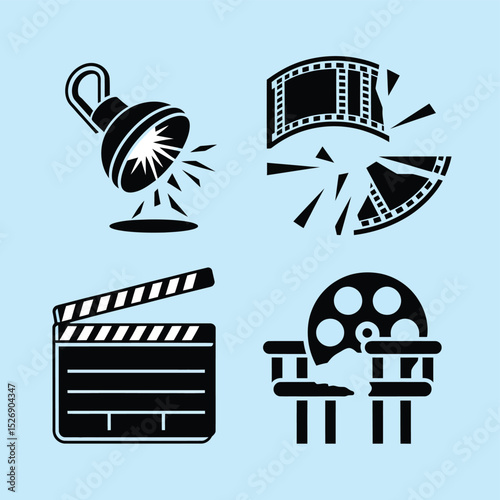 vector icons for cinema, Director's Chair , theatrical roles, video tape, cinema shattered spotlight, Theater Ticket
