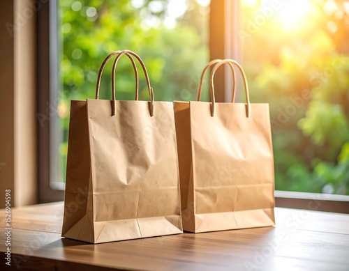 Two brown paper bags on a wooden table, sunlight through window