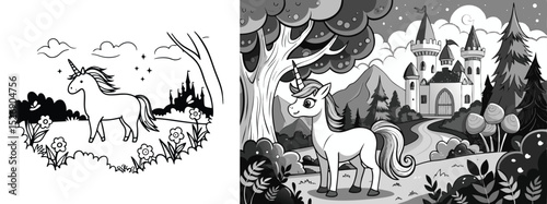 Cute Unicorn Coloring Page with Castle Scene