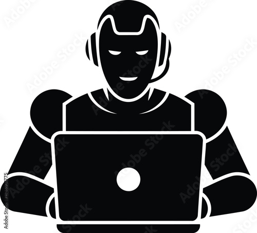 Robot Using Laptop - Silhouette Vector Icon Design.