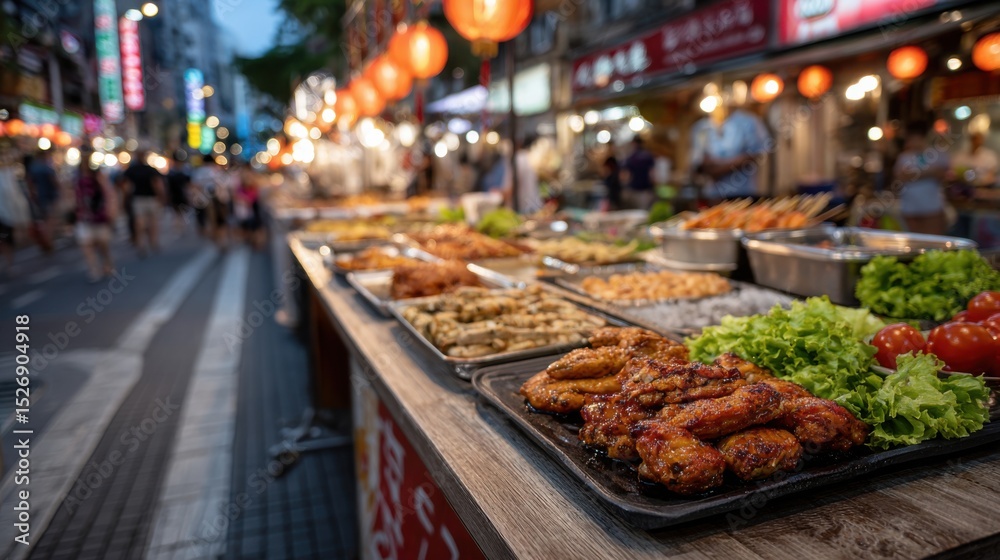 Fototapeta premium Stalls at a bustling night market display an array of street food, including grilled meats and fresh vegetables, as visitors enjoy the lively evening atmosphere in Taipei.