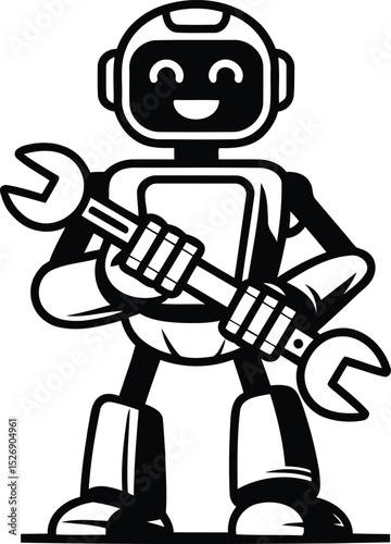 Robot Holding Wrench with Smile - Silhouette Vector Icon.