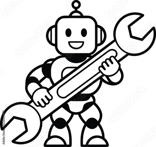 Robot Holding Large Wrench - Silhouette Vector Icon.