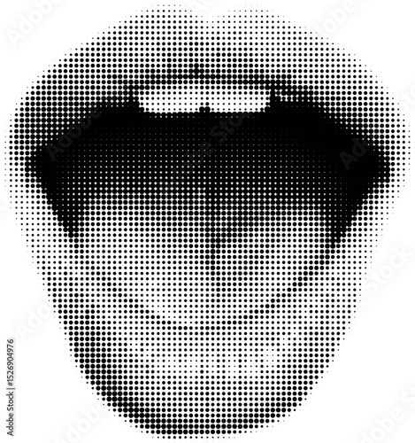 Halftone Surprised Open Lips – Black and White Vector Illustration