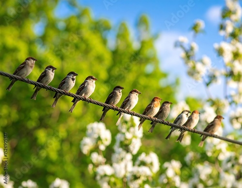 Sparrows on a wire, spring blossoms
