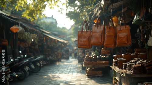 Sunny alleyway market, leather goods