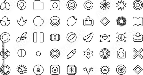 Collection of minimalist outlined icons featuring various geometric and organic shapes