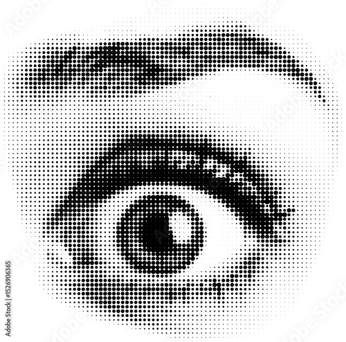 Halftone Surprised Eye with Raised Eyebrow – Black and White Vector Illustration