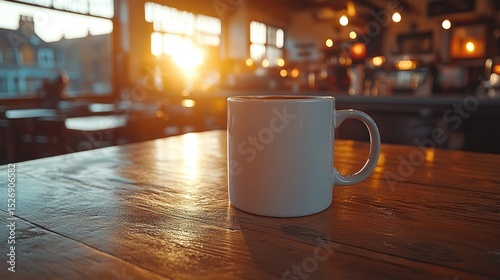 Sunrise cafe, mug on wooden table