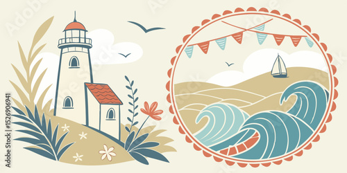 Textured illustrations and frames set for summer and the sea Decorations, ornaments, ribbons, summer vacation, watercolor style, waves