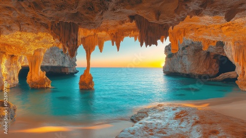 Sunrise cave beach, turquoise water