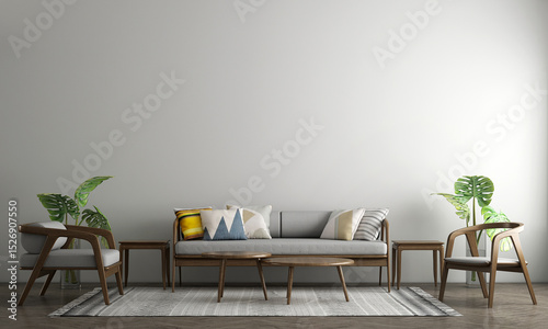 A modern minimalist living room with plants, stylish textures, and beautiful furniture accents