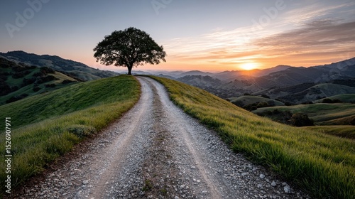 A winding dirt path leads up a hillside, with a solitary tree silhouetted against a vibrant sunset. Rolling hills stretch into the distance, bathed in warm evening light.