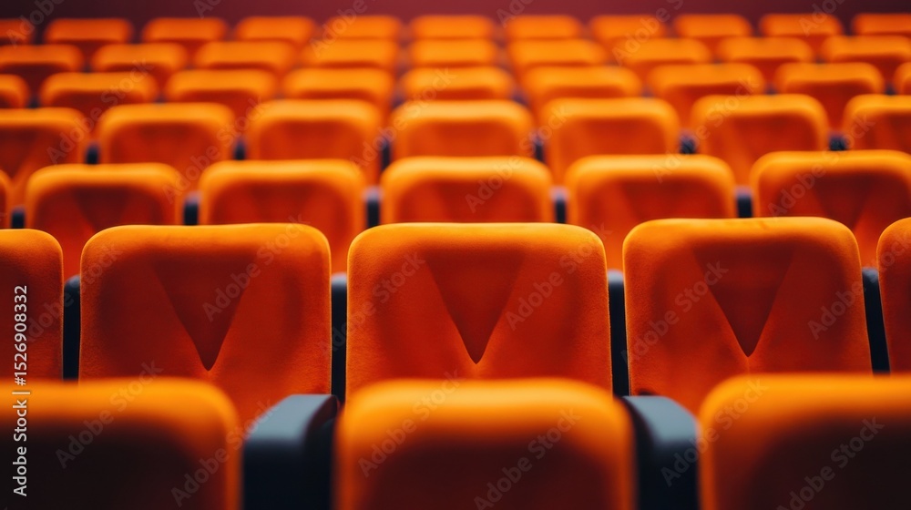 Naklejka premium Rows of orange seats in a theater auditorium