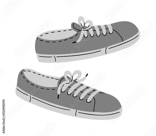 Pair of gray sneakers with laces. Sports and casual footwear. Fashion and lifestyle. Cartoon vector illustration isolated on white background