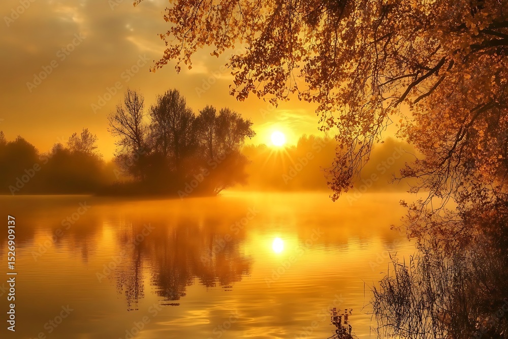 Fototapeta premium Foggy morning on the river at sunrise. Landscape.