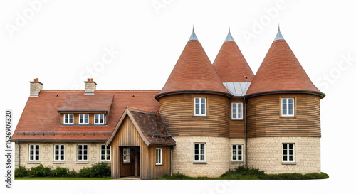 A two-story building with three conical roofs of reddish-brown tiles. It features light brown wooden shingles, stone walls, and lush vegetation, making it ideal for use in vectors.