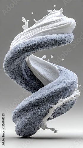 Abstract Twisted Sculpture with Textured Surface and Splashing Liquid, Modern Artistic Rendering on Gray Backdrop.