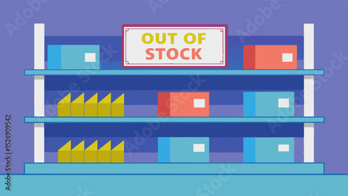 A sign hangs above a row of empty shelves reading Out of stock. We apologize for the inconvenience.. Vector illustration