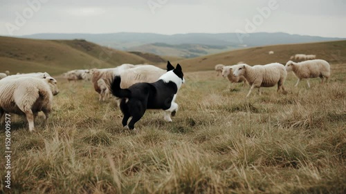 Border collie herding sheep in a grassy field with hills, 4K rural working dog video