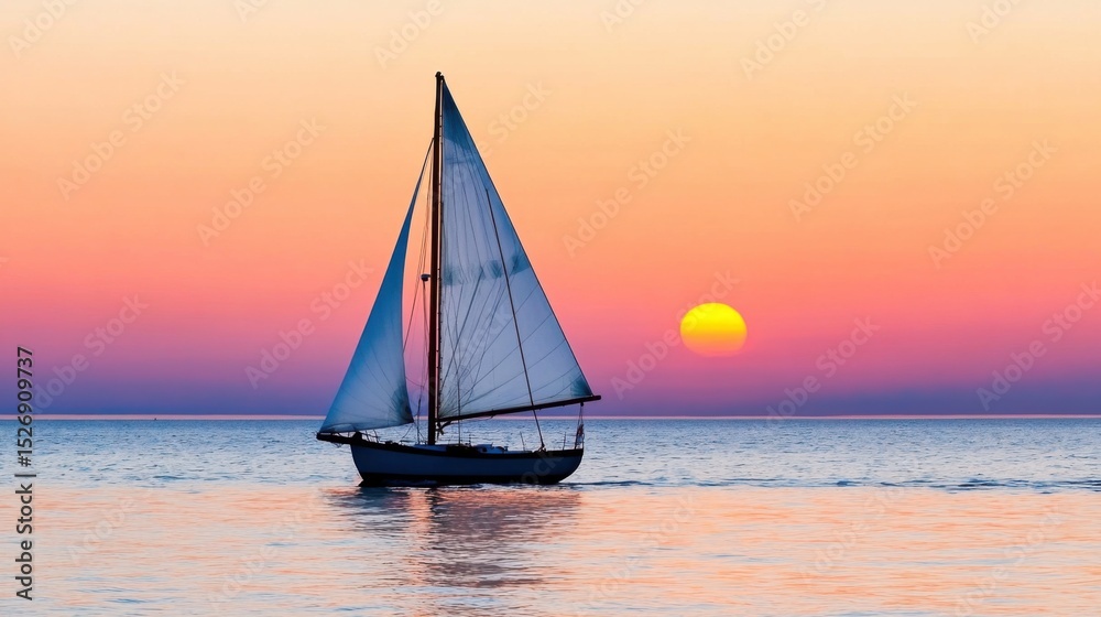 Fototapeta premium A graceful small sailboat glides on a quiet ocean, backlit by warm hues of sunset, capturing a dreamy mix of serenity and distant journeys.