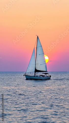 Silhouetted in a glowing sunset, a small sailboat floats effortlessly on glassy waters, blending calmness with a sense of unknown adventure.