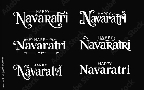 Happy Navaratri Typography Vector Bundle – Black Silhouette Festive Text Designs for Hindu Festival Decoration .

