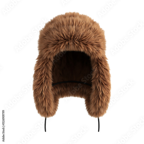 Brown faux fur trapper hat isolated on transparent background