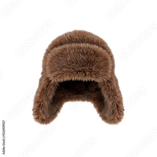 Brown faux fur trapper hat isolated on transparent background